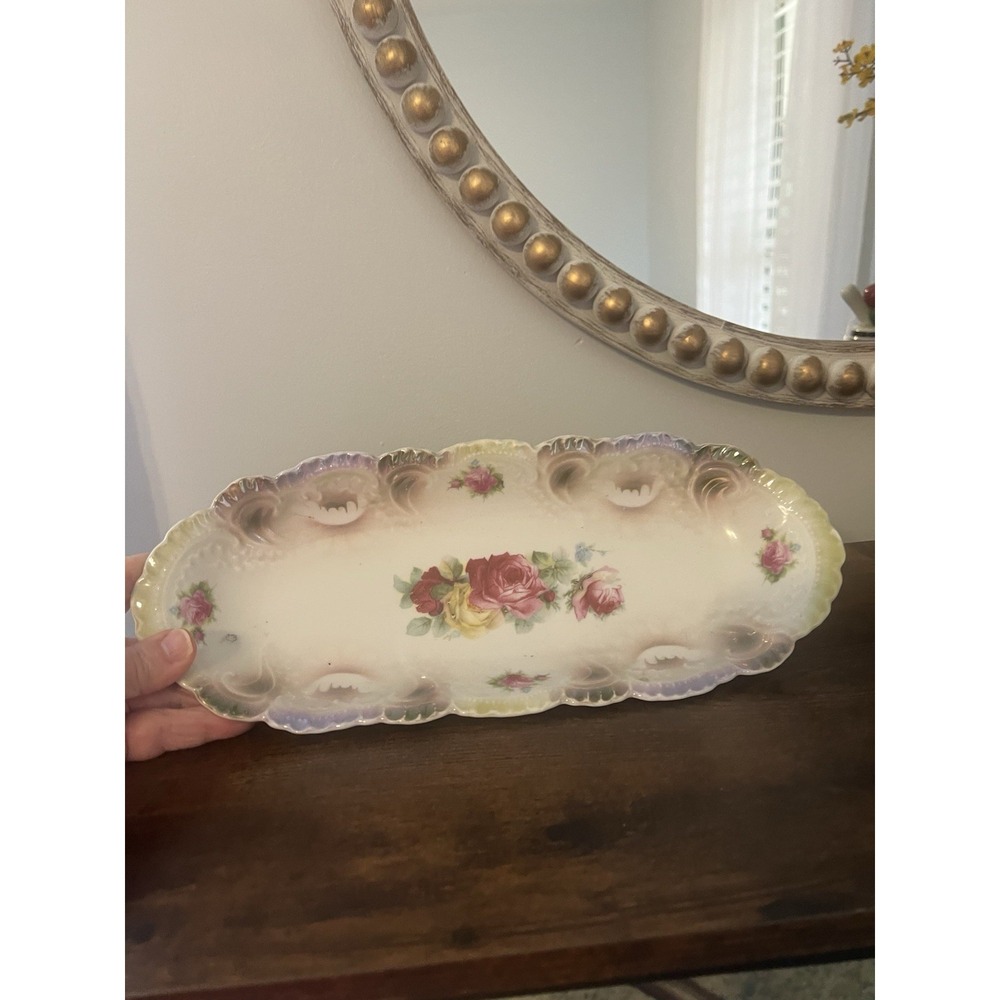 Antique Weimar Germany Porcelain Floral Celery‎ Tray Hand Painted Roses